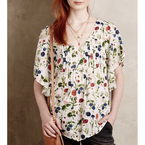 Anthropologie Maeve Maya Flutter Sleeve Top 0 floral white green blue red - Picture 9 of 10
